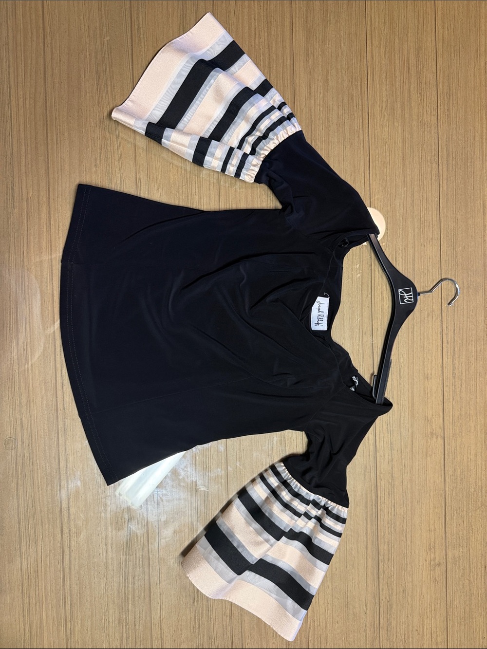 Joseph Ribkoff Navy Top with Cream and Black Striped Puff Sleeves